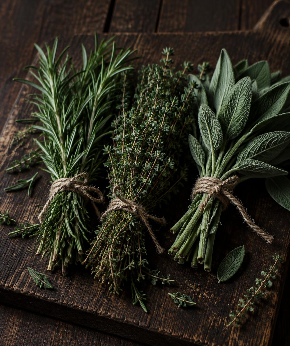 Molhos de ervas aromáticas atados com cordel